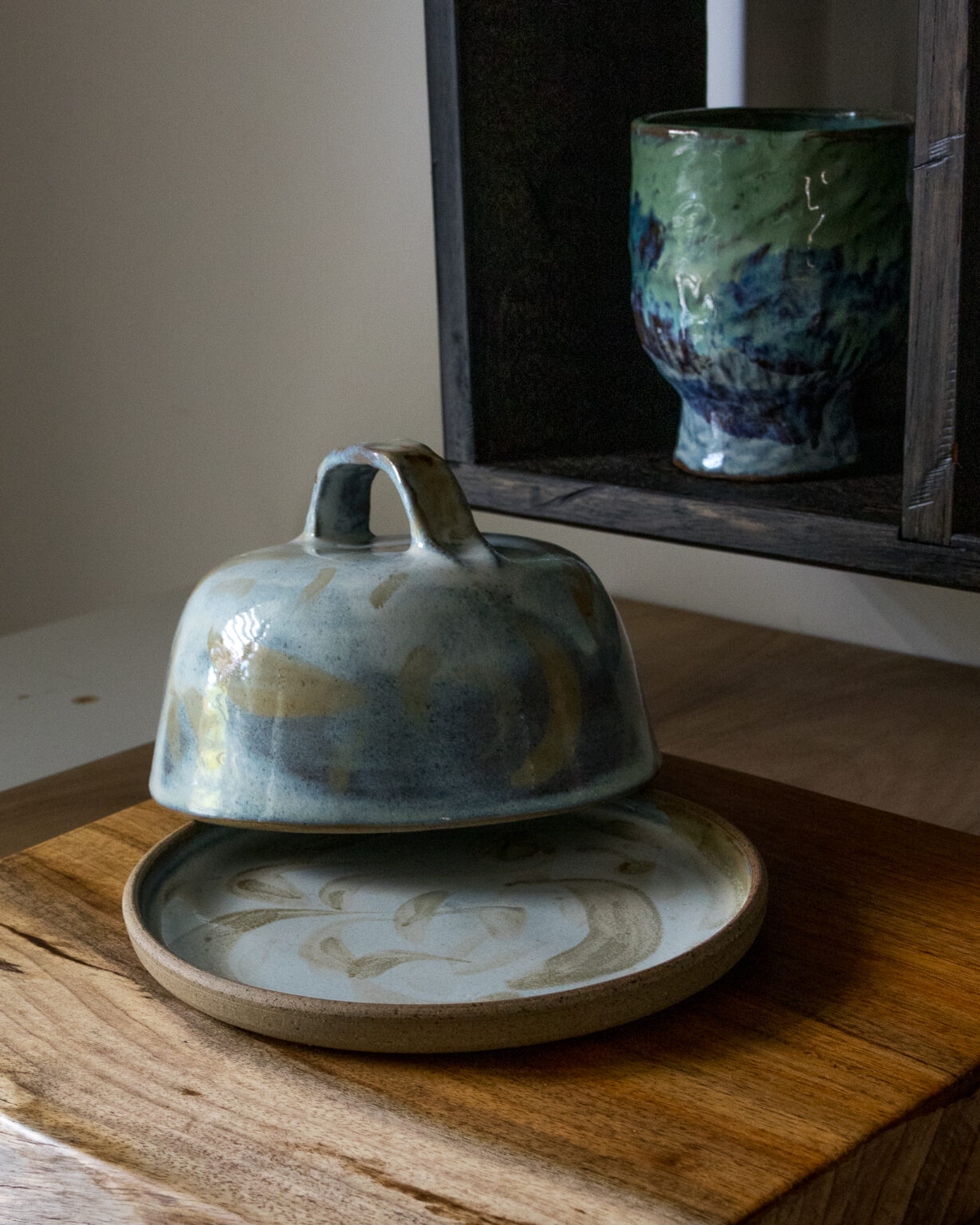 Ceramic Butter Dish. Opsl Blue glaze on brown speckled clay with khaki twirls