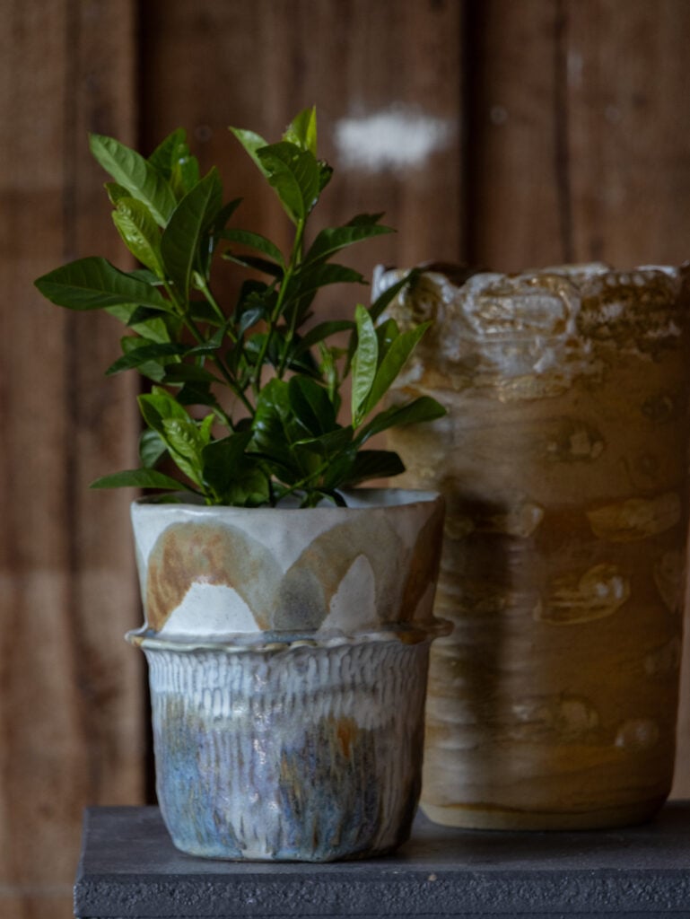 Large dove grey planter with painted oxide design