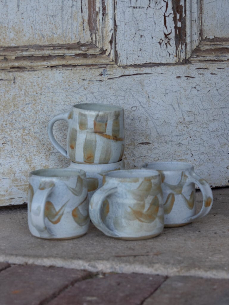 Dove grey handmade mugs with iron brush work by Gellibrand Pottery